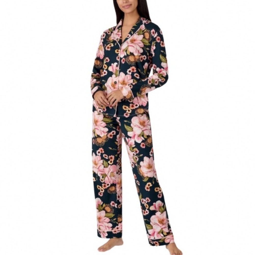 Room Service Womens Floral Pajama Set Navy Blue Pink Long Sleeve Size M NWT